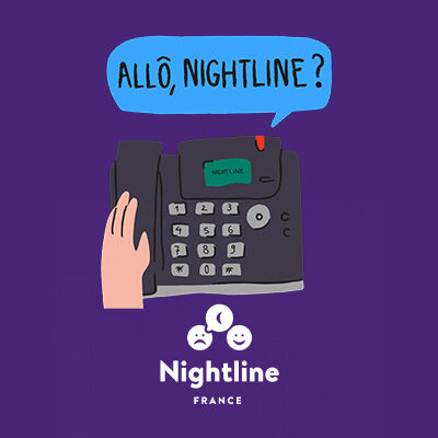 Logo de Nightline avec un t&eacute;l&eacute;phone qui dit "All&ocirc;, Nightline ?"