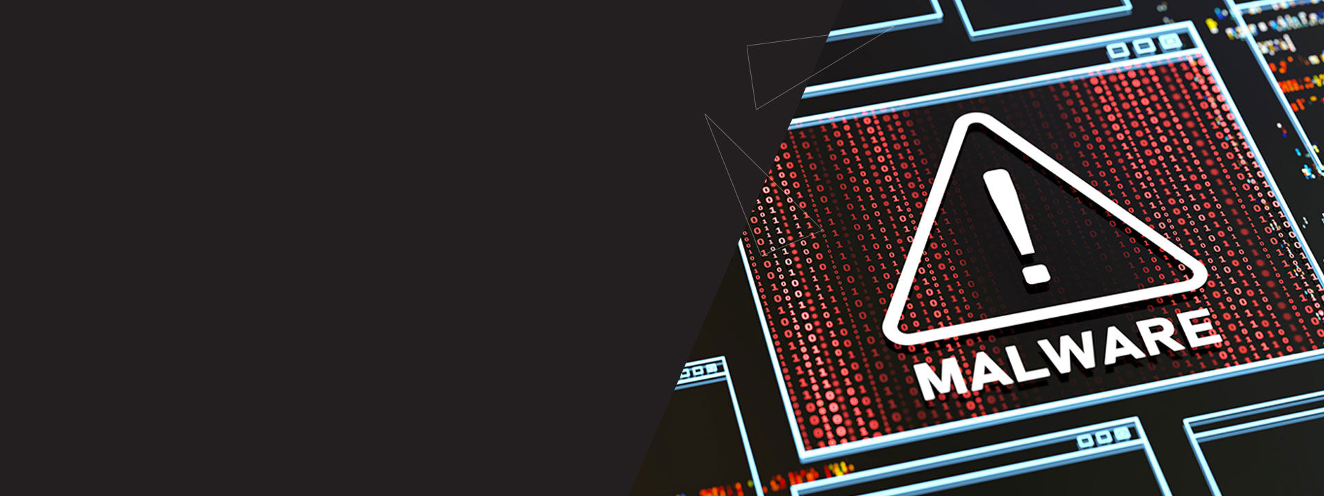Partie d'&eacute;cran d'ordinateur &agrave; plat avec plusieurs fen&ecirc;tres dont une au centre plus grande dans laquelle on peut voir un grand triangle blanc comportant un point d'exclamation et le mot MALWARE en dessous du triangle. Le fond de la fen&ecirc;tre est tapiss&eacute; de colonnes avec des uns et des z&eacute;ros.