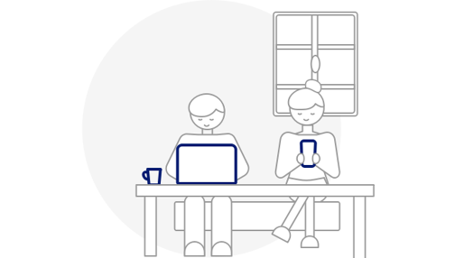 Illustration couple avec mobile et ordinateur portable